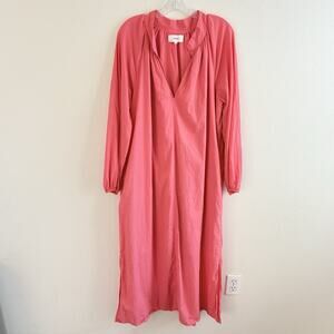 Xirena Cotton Maxi Dress XL Coral Pink Long Sleeve V-Neck Side Slits Boho READ!
